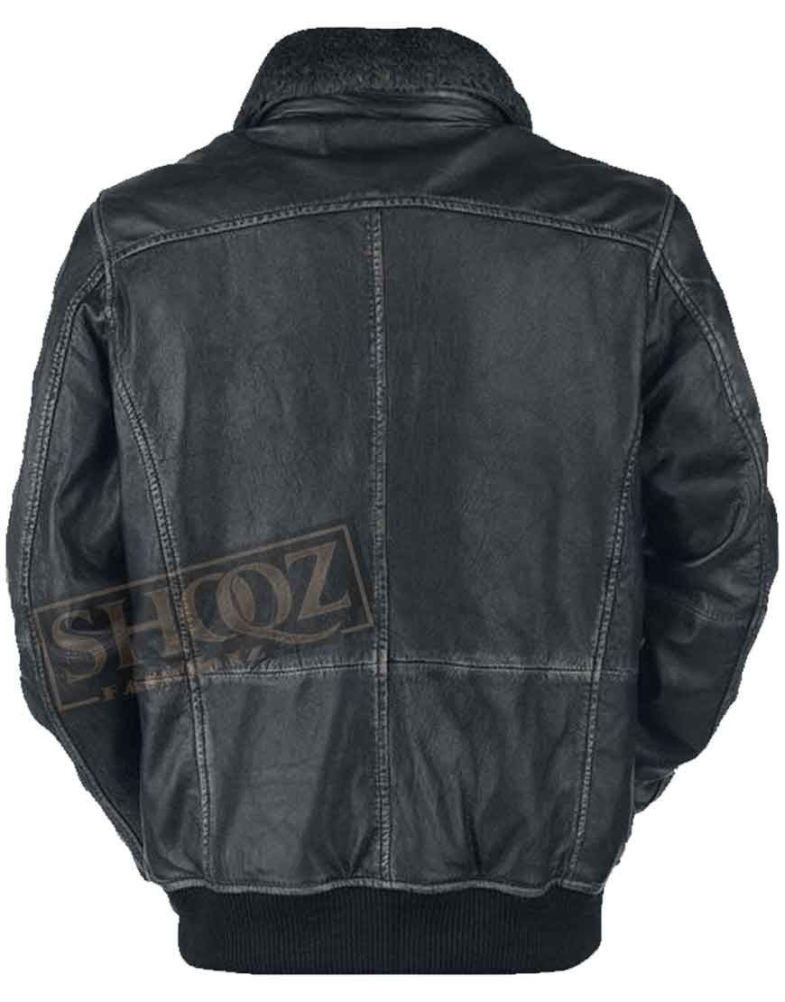 Mens Bike Racer Black Distressed Fur Collar Leather Jacket